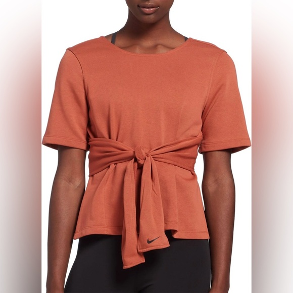 Nike Studio Short Sleeve Wrap Top Yoga in Terra Cotta - Picture 1 of 8
